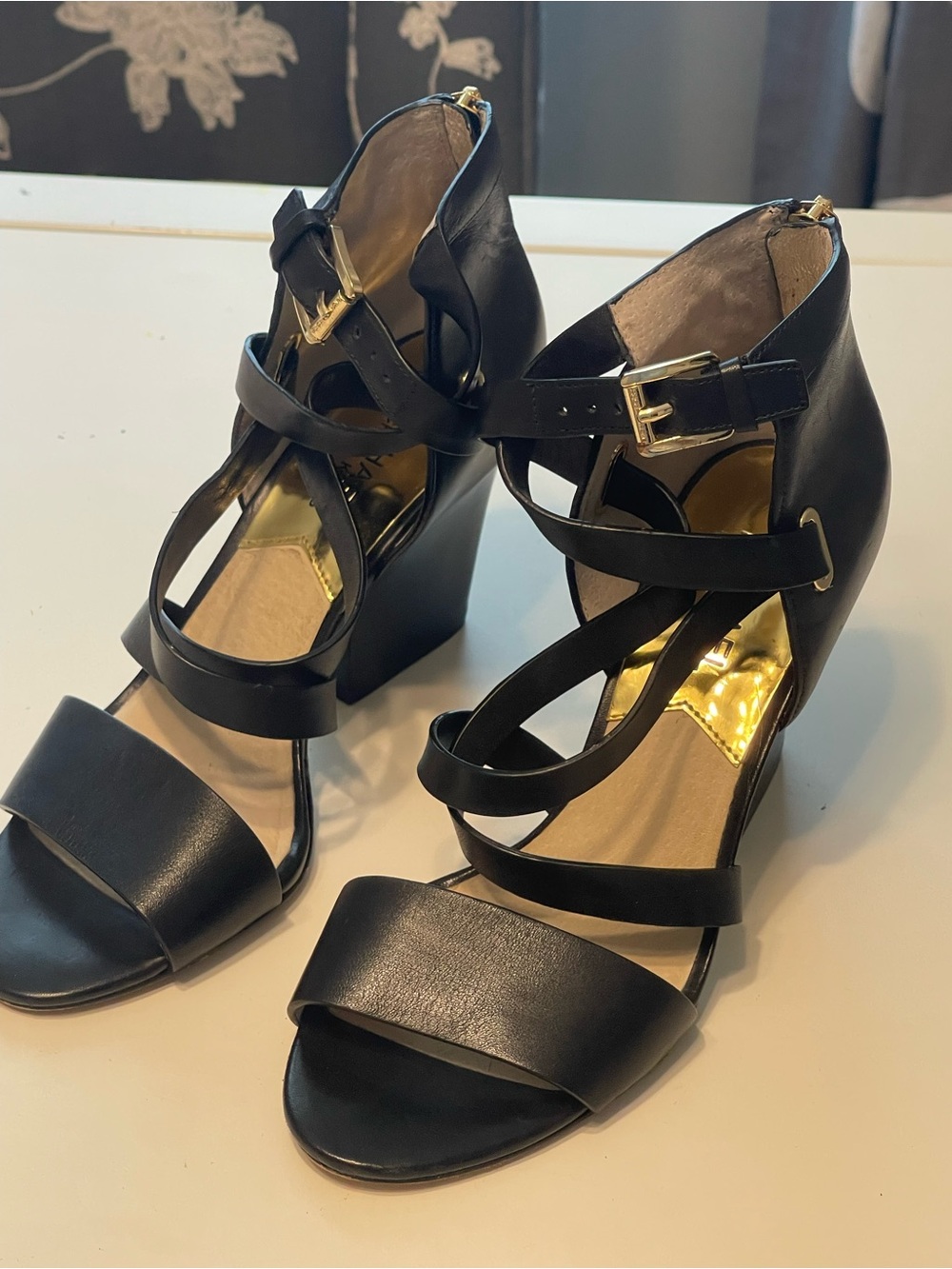 Michael Kors Black and gold Leather Heel Sandal